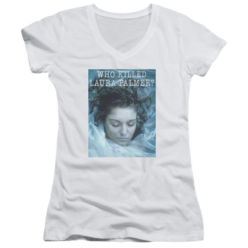 White juniors v-neck t-shirt with Twin Peaks Who Killed Laura graphic
