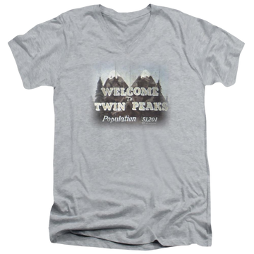Athletic heather men's v-neck t-shirt with Twin Peaks Welcome To graphic