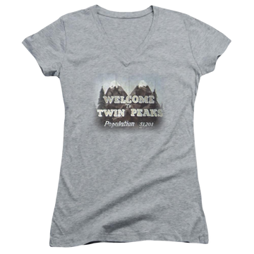 Athletic heather juniors v-neck t-shirt with Twin Peaks Welcome To graphic