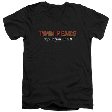 Black men's v-neck t-shirt with Twin Peaks Population graphic