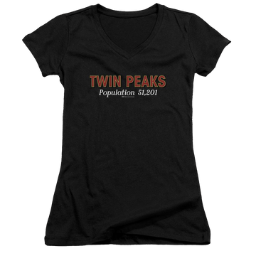 Black juniors v-neck t-shirt with Twin Peaks Population graphic