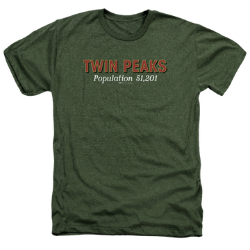 Military green men's heather t-shirt with Twin Peaks Population graphic