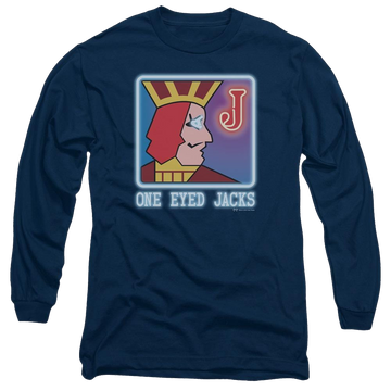 Navy men's long sleeve t-shirt with Twin Peaks One Eyed Jacks graphic