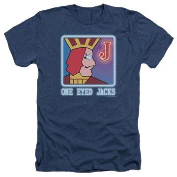 Navy men's heather t-shirt with Twin Peaks One Eyed Jacks graphic