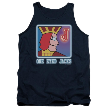 Navy men's tank with Twin Peaks One Eyed Jacks graphic