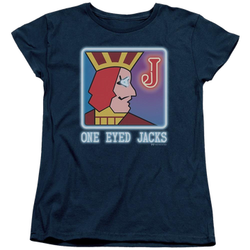 Navy women's t-shirt with Twin Peaks One Eyed Jacks graphic