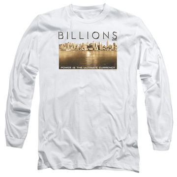 White men's long sleeve t-shirt with Billions Golden City graphic