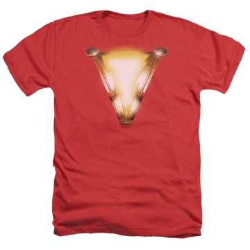 Red men's heather t-shirt with Shazam Movie Bolt graphic