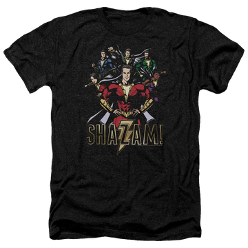 Charcoal men's heather t-shirt with Shazam Movie Group Of Heroes graphic