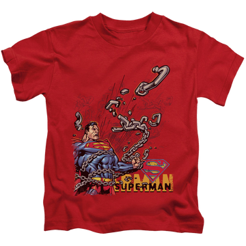 Red kid's t-shirt for ages 4 to 7 with Superman Breaking Chains graphic