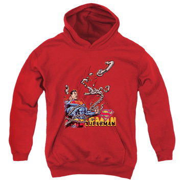 Red youth hoodie for ages 8 to 12 with Superman Breaking Chains graphic