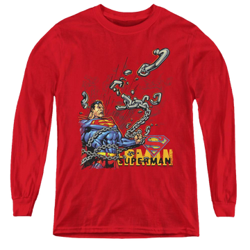 Red youth long sleeve t-shirt with Superman Breaking Chains graphic