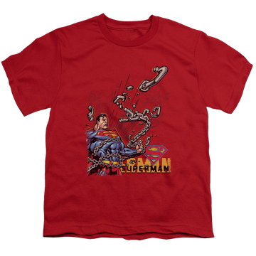 Red youth t-shirt for ages 8 to 12 with Superman Breaking Chains graphic