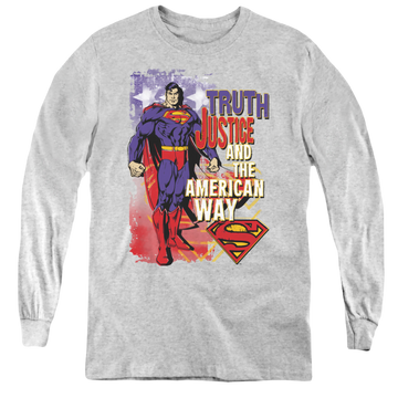 Athletic heather youth long sleeve t-shirt with Superman Truth Justice graphic