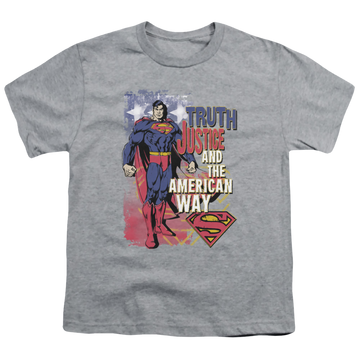 Athletic heather youth t-shirt for ages 8 to 12 with Superman Truth Justice graphic