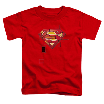 Red kid's t-shirt for ages 4 to 7 with Superman Super Mech Shield graphic