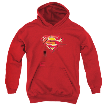 Red youth hoodie for ages 8 to 12 with Superman Super Mech Shield graphic