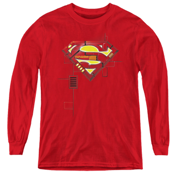 Red youth long sleeve t-shirt with Superman Super Mech Shield graphic