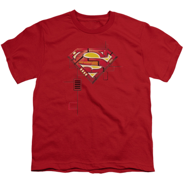 Red youth t-shirt for ages 8 to 12 with Superman Super Mech Shield graphic