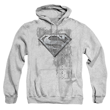 Athletic heather pullover hoodie with Superman Riveted Metal graphic