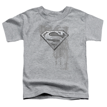 Athletic heather kid's t-shirt for ages 4 to 7 with Superman Riveted Metal graphic