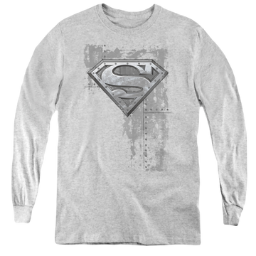 Athletic heather youth long sleeve t-shirt with Superman Riveted Metal graphic