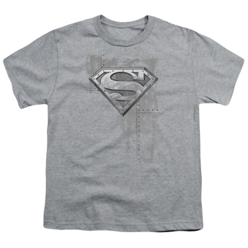 Athletic heather youth t-shirt for ages 8 to 12 with Superman Riveted Metal graphic