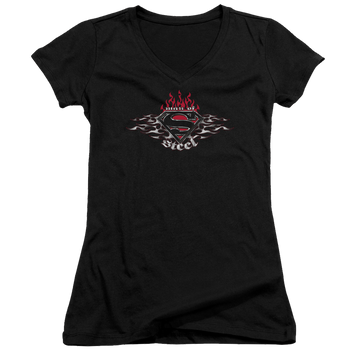 Superman Steel Flames Shield - Juniors V-Neck T-Shirt Juniors V-Neck T-Shirt Superman   