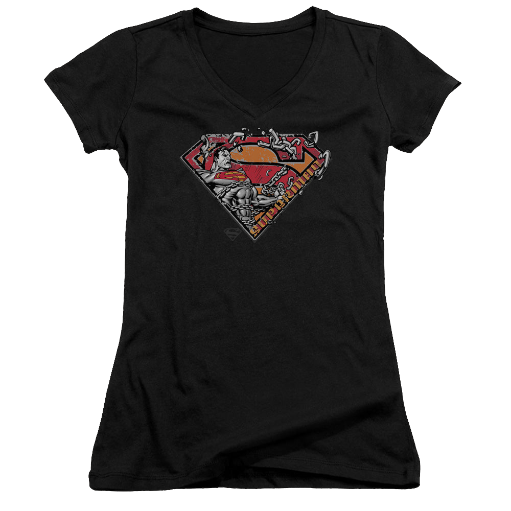 Superman Breaking Chain Logo - Juniors V-Neck T-Shirt Juniors V-Neck T-Shirt Superman   