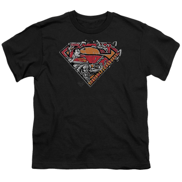 Black youth t-shirt for ages 8 to 12 with Superman Breaking Chain Logo graphic