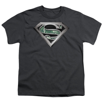 Charcoal youth t-shirt for ages 8 to 12 with Superman Circuitry Logo graphic