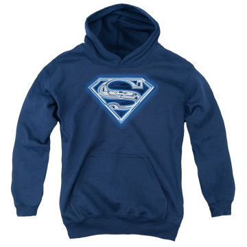 Navy youth hoodie for ages 8 to 12 with Superman Cyber Shield graphic