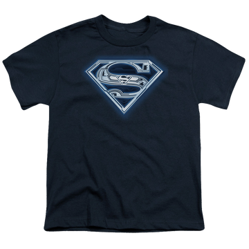 Navy youth t-shirt for ages 8 to 12 with Superman Cyber Shield graphic