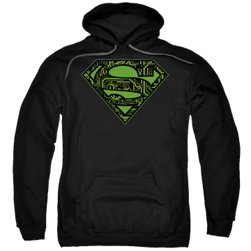 Black pullover hoodie with Superman Circuits Shield graphic