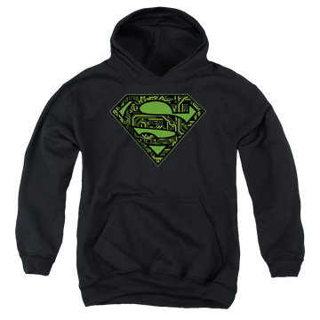 Black youth hoodie for ages 8 to 12 with Superman Circuits Shield graphic