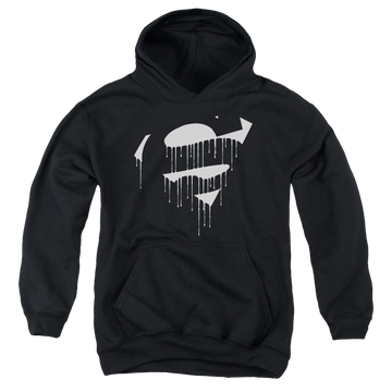 Black youth hoodie for ages 8 to 12 with Superman Dripping Shield graphic