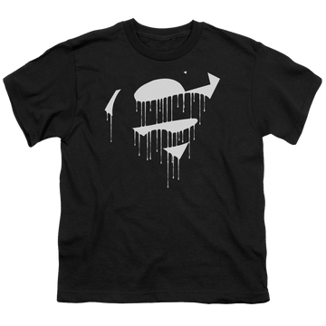 Black youth t-shirt for ages 8 to 12 with Superman Dripping Shield graphic