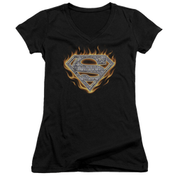 Superman Steel Fire Shield - Juniors V-Neck T-Shirt Juniors V-Neck T-Shirt Superman   