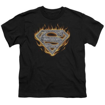 Black youth t-shirt for ages 8 to 12 with Superman Steel Fire Shield graphic