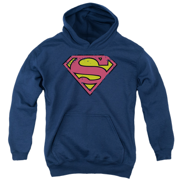 Navy youth hoodie for ages 8 to 12 with Superman Distressed Shield graphic