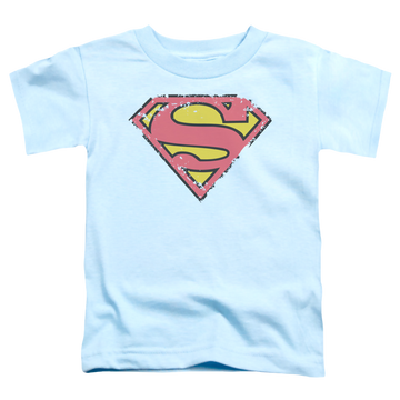 Light blue kid's t-shirt for ages 4 to 7 with Superman Distressed Shield graphic