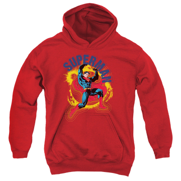 Red youth hoodie for ages 8 to 12 with Superman A Name To Uphold graphic