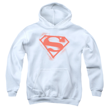 White youth hoodie for ages 8 to 12 with Superman Spray Paint Shield graphic