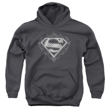 Charcoal youth hoodie for ages 8 to 12 with Superman Tribal Steel Logo graphic