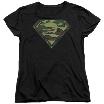 Black women's t-shirt with Superman Camo Logo graphic