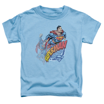 Carolina blue kid's t-shirt for ages 4 to 7 with Superman Up And Away graphic