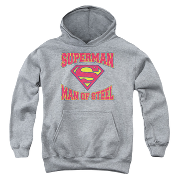 Athletic heather youth hoodie for ages 8 to 12 with Superman Man Of Steel Jersey graphic
