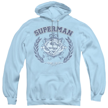 Light blue pullover hoodie with Superman Collegiate Crest graphic