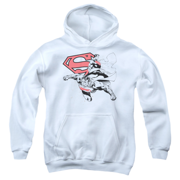 White youth hoodie for ages 8 to 12 with Superman Double The Power graphic