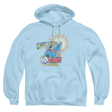 Light blue pullover hoodie with Superman Ingenious Disguise graphic